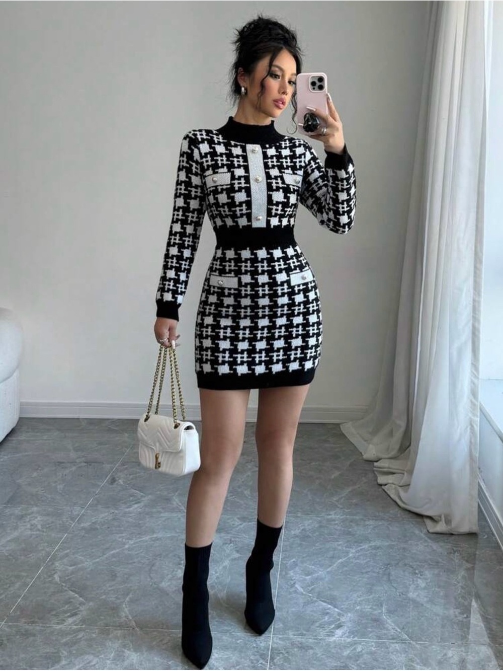 Black and White Knit Houndstooth Bodycon Dress - Picture 3 of 4